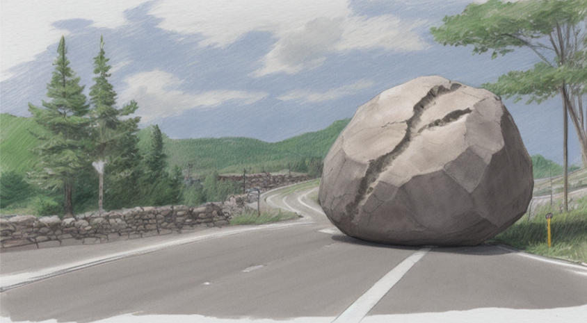 A road with a boulder on it, blocking the way.