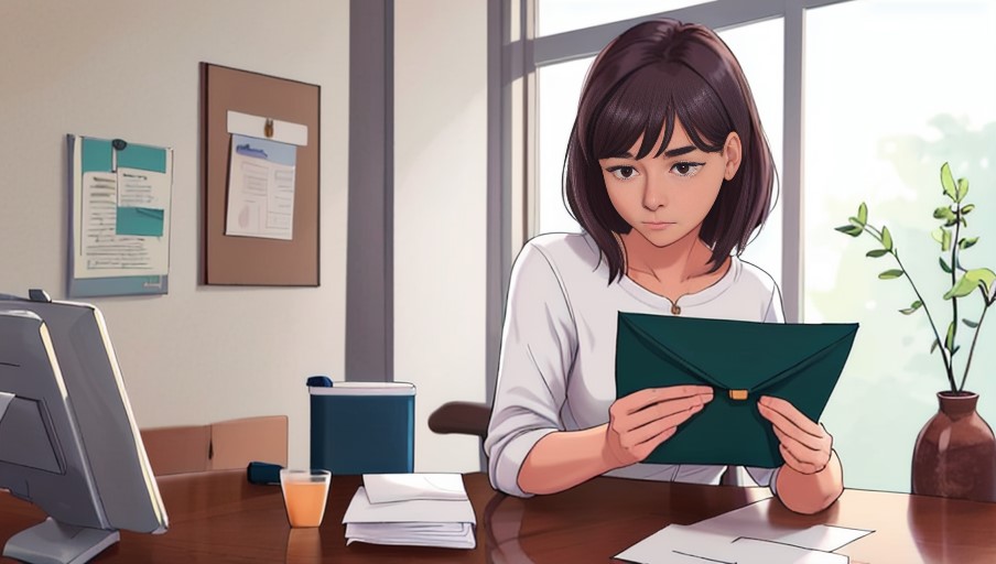 A woman holding an envelope.
