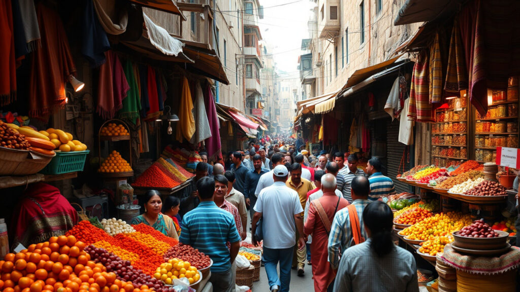 Street Market - Narrow streets packed with vibrant fabric-draped stalls, where pyramids of turmeric, cardamom, and chili create a kaleidoscope of color against weathered stone walls. The air pulses with a complex symphony of aromatic spices, vendor calls, and the constant motion of urban commerce.