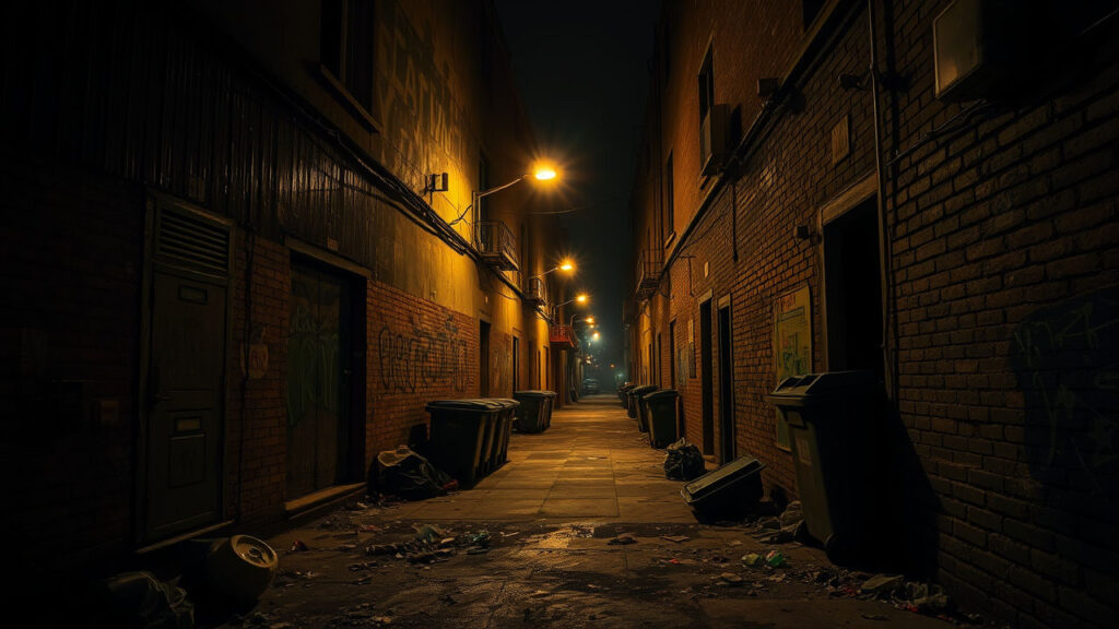 Dark Alley at Night - Narrow brick walls drip with moisture, creating a claustrophobic tunnel of shadows where streetlamps cast intermittent pools of sickly yellow light. Graffiti-covered surfaces and overflowing trash bins create a labyrinth of urban decay, with every distant sound echoing with potential menace.