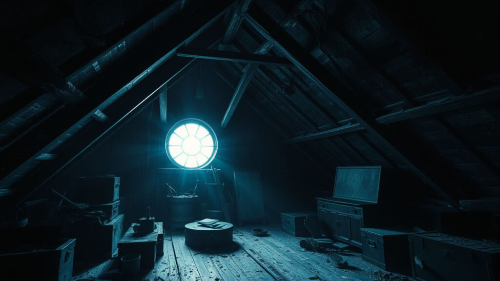 Dark Attic - Dust-covered wooden beams cast long shadows as lightning periodically illuminates the space through a single circular window. Forgotten trunks, moth-eaten furniture, and generations of abandoned memories create a labyrinth of potential terror, with each thunderclap causing rusted objects to rattle and mysterious shapes to momentarily take form.