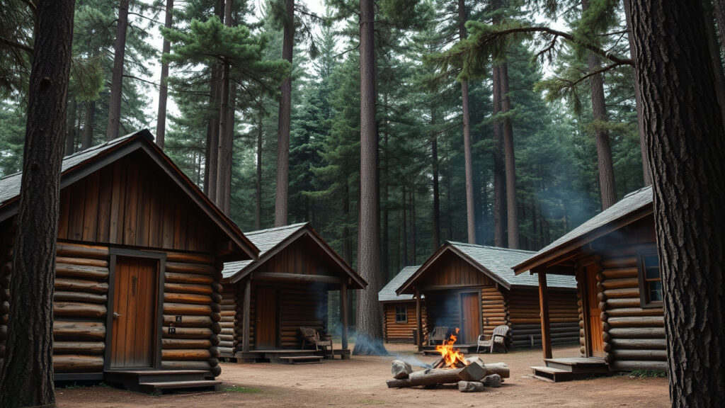 Summer Camp - Weathered wooden cabins nestle between towering pines, their rough-hewn walls bearing decades of carved initials and youthful memories. Thin wisps of campfire smoke drift between the trees, carrying the mingled scents of pine, woodsmoke, and adolescent adventure.
