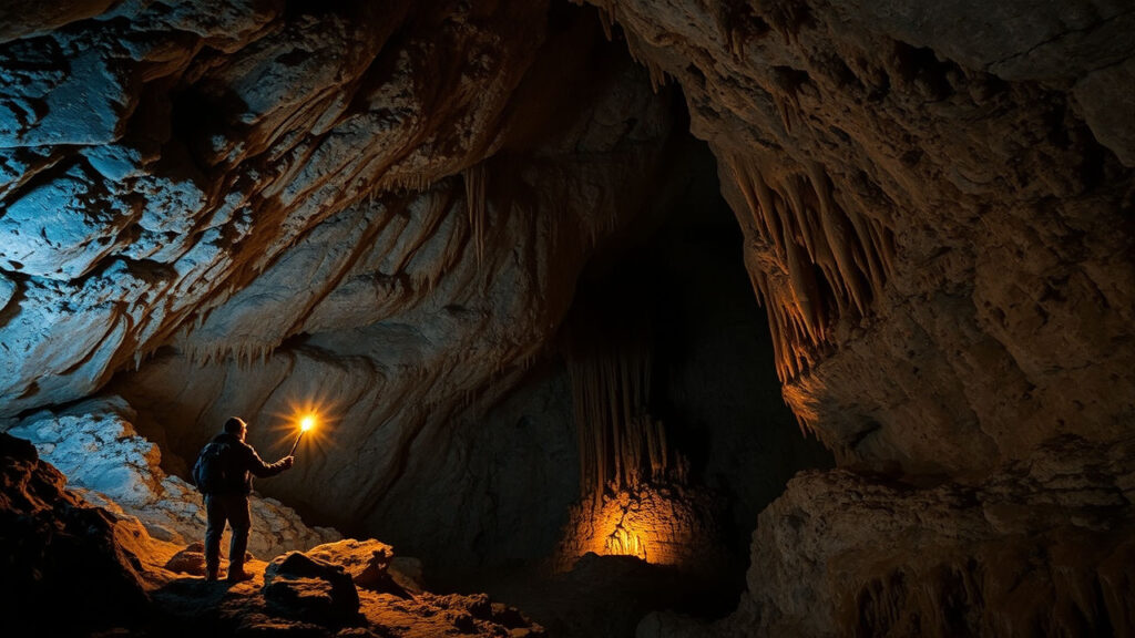Cave - Explorer entering a massive underground chambers adorned with delicate stalactite formations, where cold stone surfaces glisten with microscopic water droplets. Soft ambient light reveals layers of geological history, with narrow passages twisting between enormous caverns that breathe with ancient, subterranean silence.
