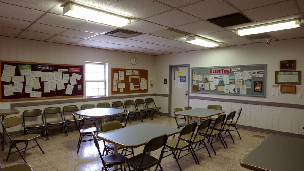 Community Center - Fluorescent lights flicker weakly over scuffed linoleum floors, casting a harsh glow on mismatched folding chairs and bulletin boards crowded with faded community notices. The air smells of stale coffee and institutional pine cleaner, a testament to countless town meetings and local gatherings.