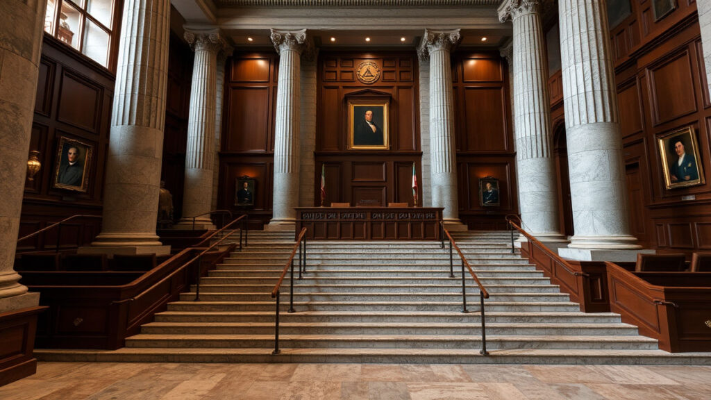 Courthouse - Imposing stone columns and granite steps speak to institutional gravitas, with brass fixtures gleaming against dark wood paneling. The interior breathes with a hushed intensity, where the weight of legal procedure hangs as tangibly as the portraits of past judges.