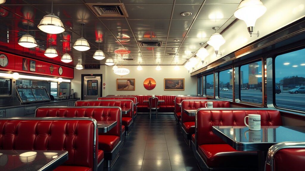 Retro Diner - Chrome-edged counters reflect the harsh glare of overhead lights, while red vinyl booths bear the subtle imprints of countless travelers and local regulars. The air vibrates with the hiss of the grill and the clinking of ceramic mugs, a sanctuary of warmth against endless highway miles.
