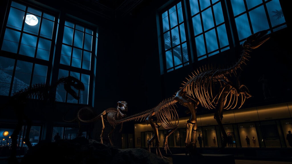 Dinosaur Museum at Night - Massive skeletal displays tower in moonlight filtering through high windows, creating enormous shadows that transform prehistoric bone structures into potentially living forms. Display cases reflect minimal security lighting, while life-sized prehistoric reconstructions seem to breathe with prehistoric menace in the absolute silence.