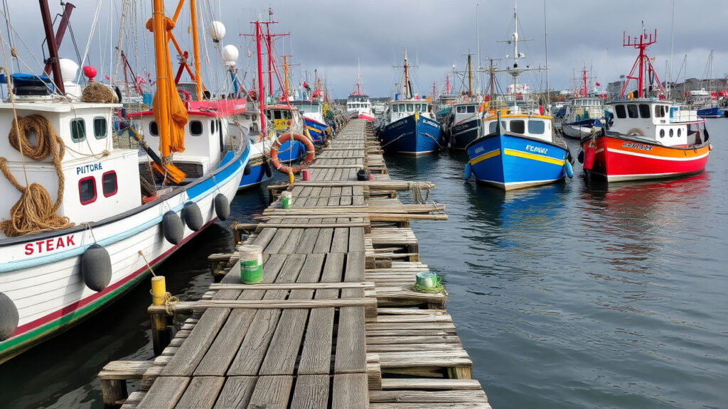 Fishing Dock - Weathered wooden planks stretch into gray-blue waters, lined with colorful fishing boats bearing decades of maritime history. Nets hang to dry, salt-crusted equipment tells stories of early morning expeditions, and the air pulses with the combined scents of ocean, fish, and diesel fuel.