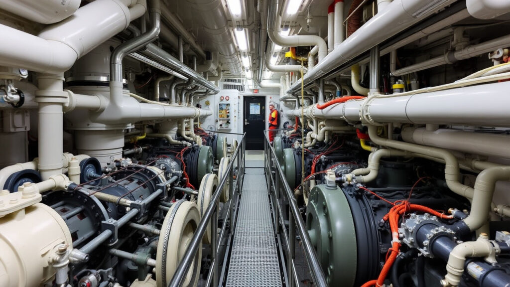 Ship Engine Room - A cathedral of industrial machinery, where massive diesel engines pulse with controlled violence beneath intricate networks of pipes and valves. Narrow metal walkways wind between thundering mechanical systems, the air thick with heat, machine oil, and the constant vibration of maritime power.