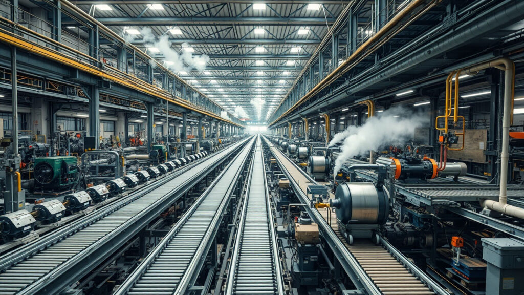 Robot Factory - Massive network of interconnected conveyor belts and industrial machinery create a complex mechanical ecosystem, where steam and precision engineering transform raw materials into finished products. Rhythmic sounds of mechanical processes and carefully controlled industrial environments speak to human technological ambition.
