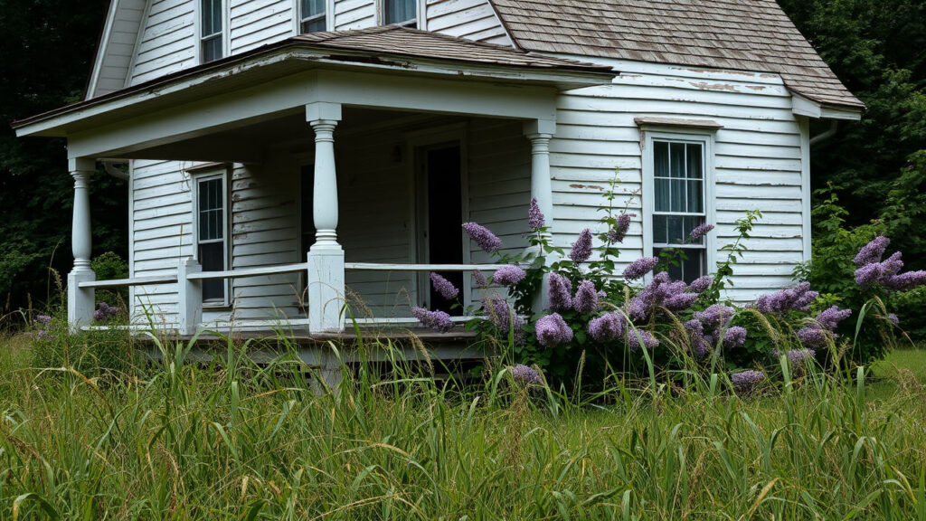 Old Farmhouse - Weathered white clapboard siding peels at the edges, with a wraparound porch sagging under decades of memories. Tall grass and overgrown lilac bushes crowd the foundation, whispering of generations past and secrets long forgotten.