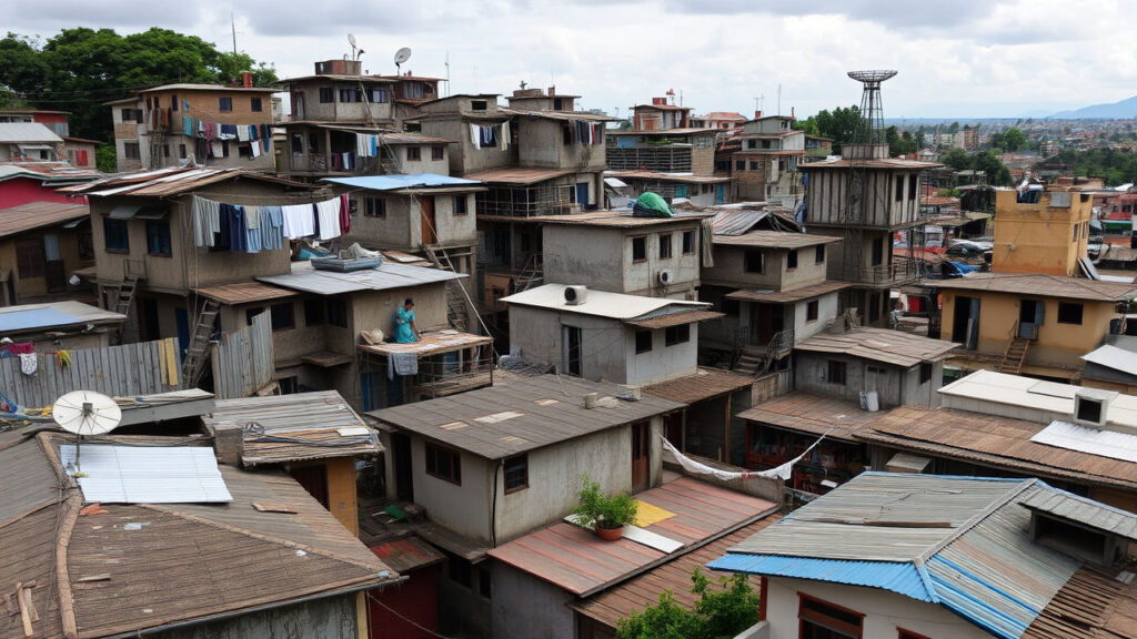 Favela Rooftops - Intricate network of buildings constructed from mis-matched materials, creating a living architectural ecosystem that defies traditional urban planning. Clotheslines, satellite dishes, and improvised walkways transform the vertical landscape into a complex human tapestry.