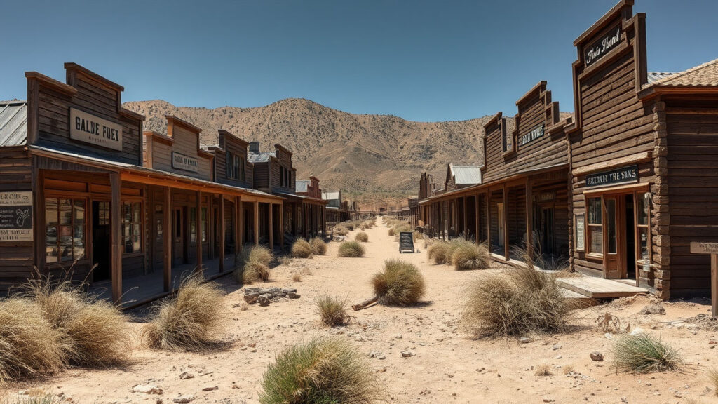 Abandoned Gold Rush Town - Weathered wooden buildings slowly dissolving back into the landscape, with false-front stores and collapsed mining equipment creating a ghostly reminder of forgotten economic dreams. Tumbleweeds and desert vegetation slowly reclaim the once-vibrant frontier settlement.