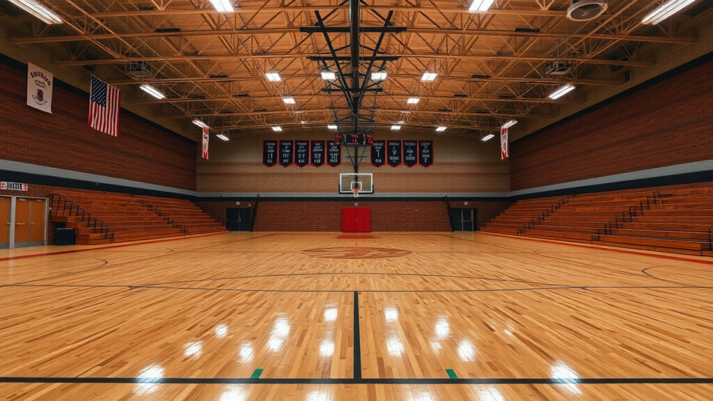 High School Gymnasium - Massive wooden floors bear the glossy sheen of decades of basketball games and dance nights, with faded school banners hanging limply from the rafters. The space feels simultaneously empty and full of echoes, the air thick with memories of teenage triumphs and disappointments.