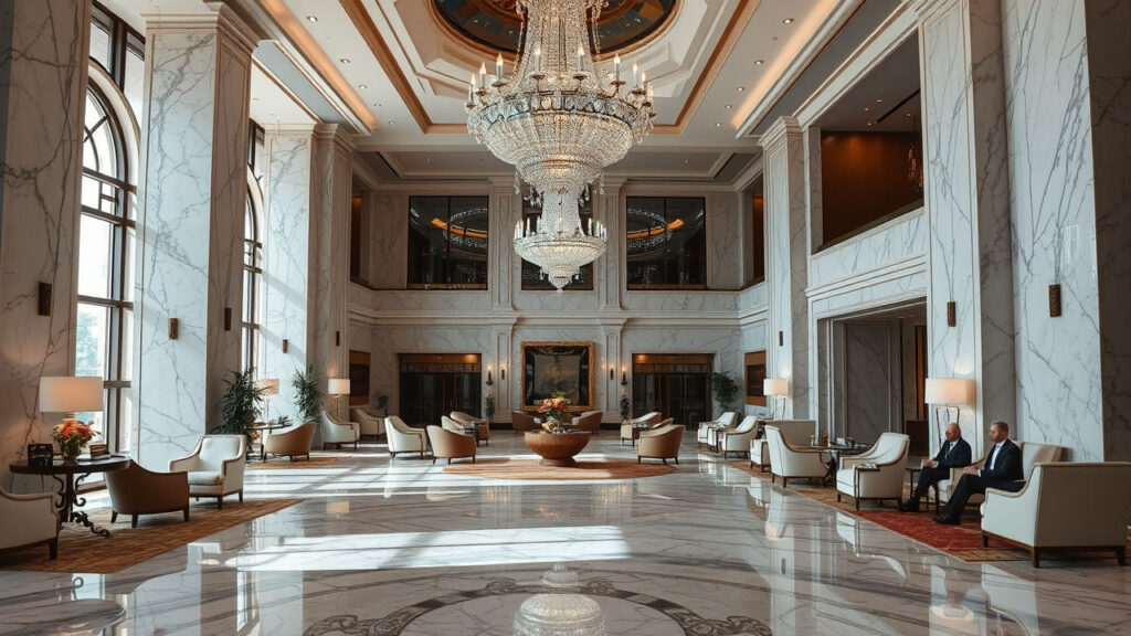 Hotel Lobby - Marble floors reflect massive crystal chandeliers, while overstuffed chairs create islands of temporary comfort. The space exists in a perpetual state of transition, where countless personal narratives briefly intersect.