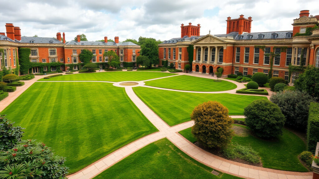 Ivy League Campus - Expansive green lawns surrounded by historic red-brick buildings with ivy-covered walls, where elegant Georgian and neo-classical architecture speaks to generations of academic tradition. Elegant stone pathways wind between carefully maintained gardens and imposing academic buildings, creating a landscape of intellectual privilege.