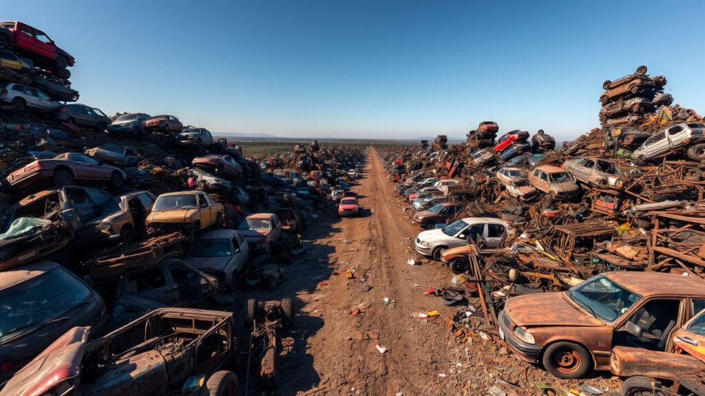 Junkyard - Endless rows of crushed and rusting automobiles create a geometric landscape of mechanical decay, with towering piles of metal and broken machinery stretching toward the horizon. Twisted frames and shattered windshields reflect harsh sunlight, transforming industrial waste into a strange automotive graveyard.