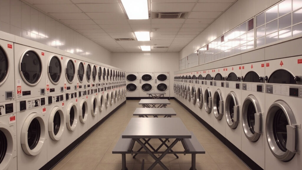 Laudromat - Rows of industrial washers and dryers create a rhythmic landscape of domestic ritual, while folding tables provide temporary community spaces. The air carries a mixture of detergent, humidity, and the subtle intimacy of shared domestic experience.