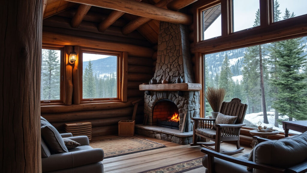 Lodge - Rough-hewn logs and a stone fireplace create a refuge of warmth against surrounding wilderness, with wide windows framing views of pine-covered slopes. The interior breathes with a sense of deliberate isolation and quiet contemplation.