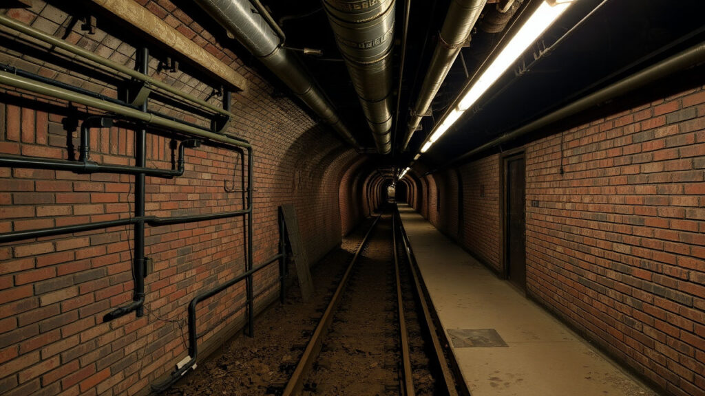 Maintenance Tunnel - Decades of accumulated infrastructure create a labyrinth of brick-lined passages, electrical conduits, and mysterious abandoned access points. Dim emergency lighting casts long shadows across uneven surfaces, while the distant rumble of trains creates a persistent urban heartbeat.
