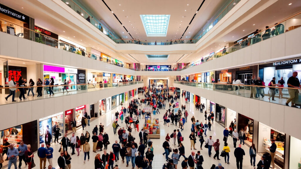 Shopping Mall - Crowds gather on all three floors for deals and sales.