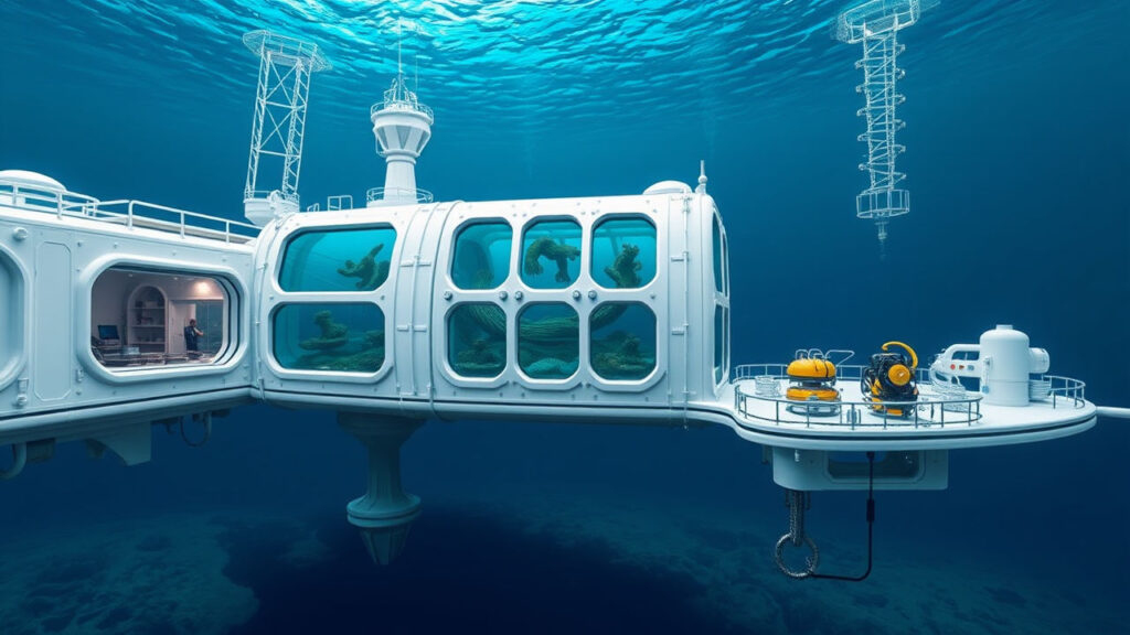Underwater Marine Lab - A gleaming white complex anchored to the ocean floor, with massive reinforced windows offering views of deep-sea ecosystems. Robotic research arms and specialized diving equipment create a technological frontier at the edge of human exploration, surrounded by the mysterious blue silence of the deep ocean.