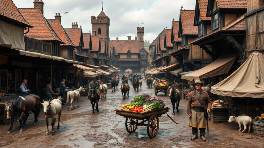 Medieval Market - Muddy streets lined with canvas-covered market stalls, where merchants cry out their wares amid a cacophony of livestock, foreign languages, and the constant rhythm of commerce. Handcarts laden with vegetables, fabrics, and mysterious imported goods create a living tapestry of medieval urban life.
