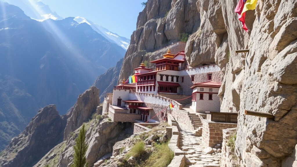 Mountainside Monastery - Stone buildings nestled impossibly against sheer mountain cliffs, with prayer flags dancing in thin, crystalline air and ancient bronze bells creating subtle musical echoes. Narrow stone pathways wind between meditation halls and living quarters, suspended between earth and sky in a landscape of profound spiritual contemplation.
