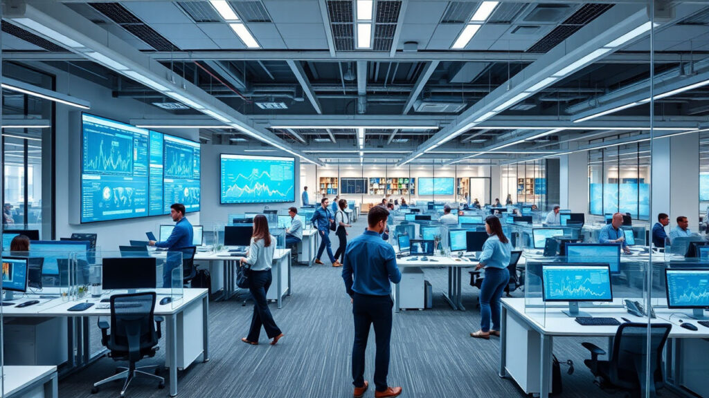 Office - Sleek open-plan workspace with minimalist standing desks, glass partition cubicles, and advanced technological infrastructure. Large screens display complex data visualizations, while employees in casual professional attire move between collaborative spaces and individual workstations, creating a landscape of digital innovation.