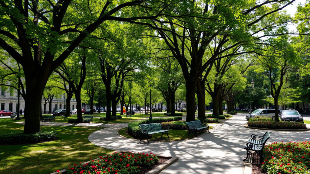 Urban Park - Wrought-iron benches surrounded by mature trees create a green sanctuary amid urban concrete, with paths weaving between carefully maintained flower beds. Sunlight dapples through leaves, creating a shifting mosaic of light and shadow.