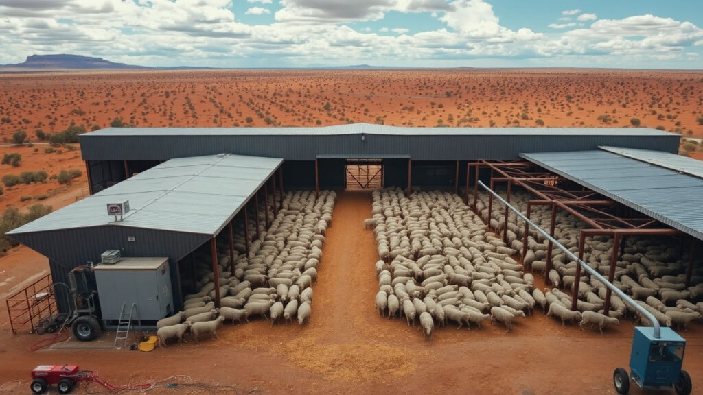 Sheep Station - A massive industrial barn surrounded by endless ochre-colored landscape, where generations of technological innovation meet traditional agricultural practice. Mechanical shearing equipment creates a rhythmic soundtrack against the vast, silent wilderness.