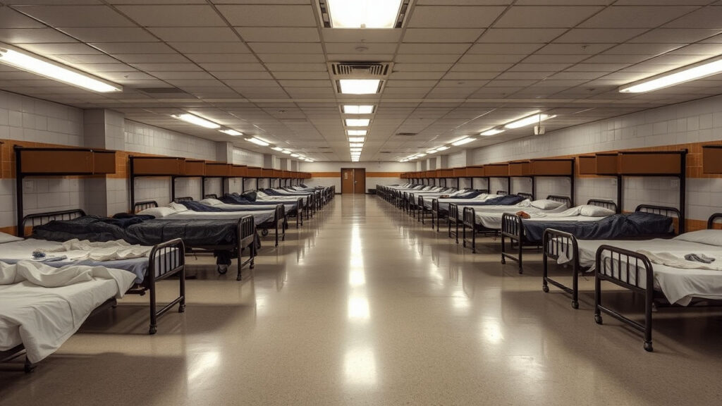 Shelter - Institutional linoleum and fluorescent lighting create a space of stark necessity, where rows of beds tell stories of human resilience. The air carries a complex mixture of hope, fatigue, and quiet dignity.