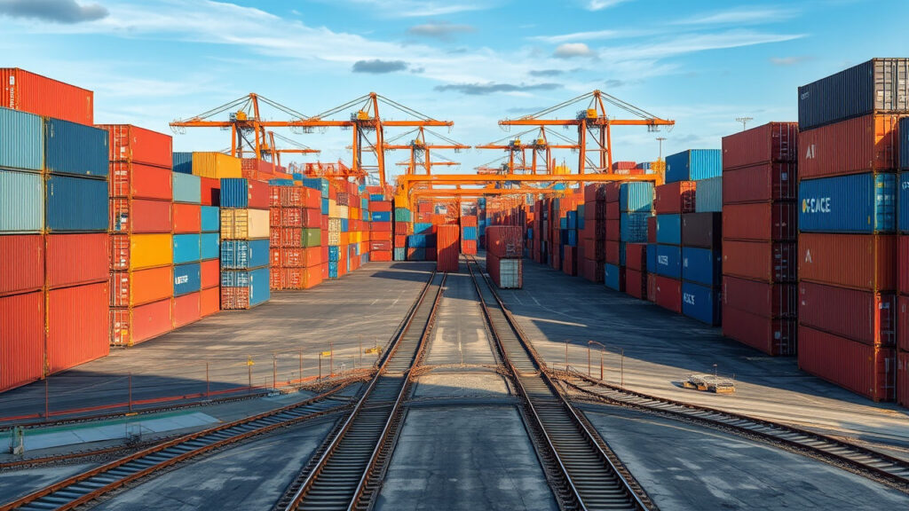 Shipping Container Yard - Endless rows of massive steel containers create a geometric landscape of international commerce, stacked like enormous colored blocks against a backdrop of industrial cranes. The ground is a complex network of worn asphalt and railroad tracks, while distant port sounds provide a constant industrial soundtrack.