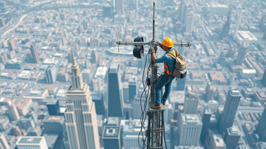 Atop a Skyscraper - A technician repairing a TV antenna atop a tall skyscraper, looking down at the city from a great height.