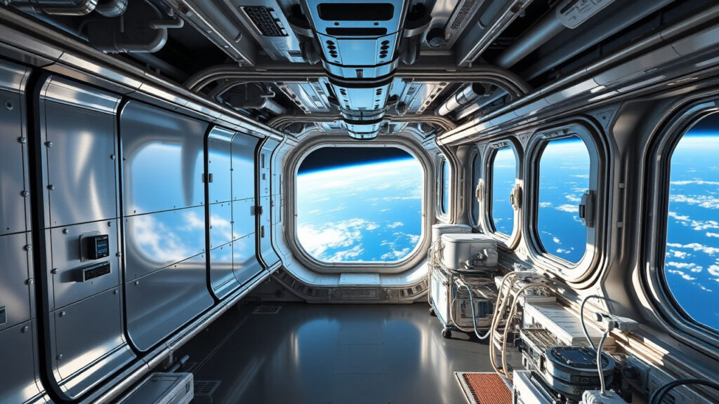 Space Station - A gleaming cylinder of interconnected modules, where brushed metal surfaces and complex scientific equipment create a delicate ecosystem suspended in absolute silence. Narrow passageways twist between research stations, with panoramic windows revealing the infinite darkness of space and the curved blue horizon of Earth below.
