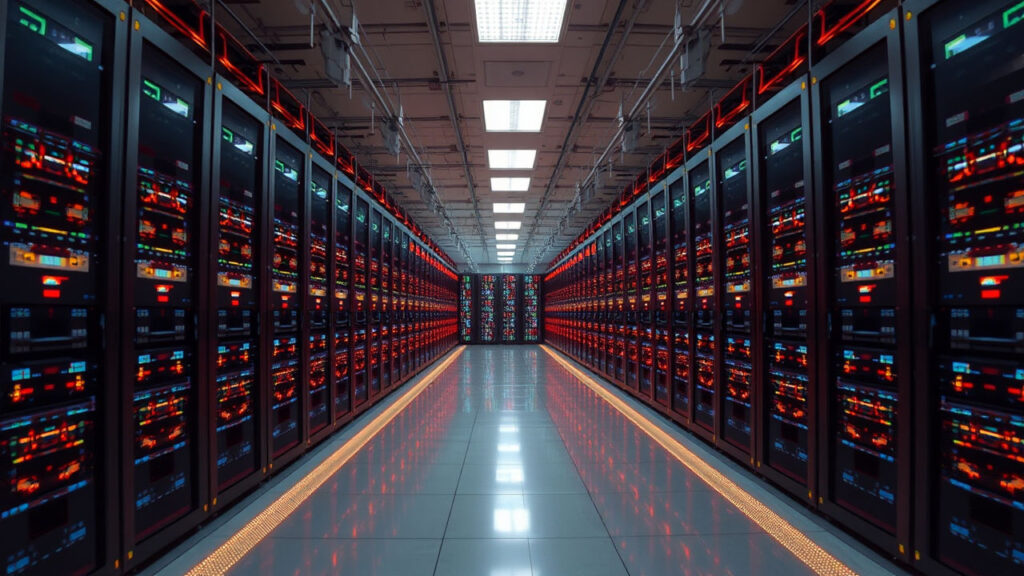 Supercomputer Facility - Rows of server racks create a precise landscape of blinking lights and controlled temperature, with massive cooling systems maintaining a constant technological heartbeat. The space feels both intensely alive and completely inhuman, a temple of pure information where millions of computations occur in each passing second.