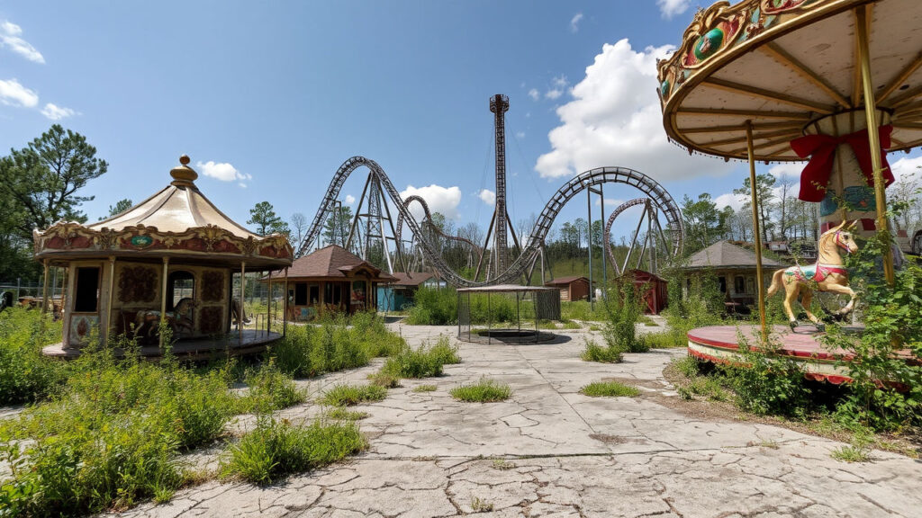 Abandoned Theme Park - Rusted carnival rides stand frozen in time, their once-bright paint now faded and peeling, with overgrown weeds pushing through cracked concrete pathways. Skeletal roller coaster tracks reach into the sky like the bleached bones of a forgotten mechanical beast, while a lone carousel horse stands sentinel amid encroaching wilderness.