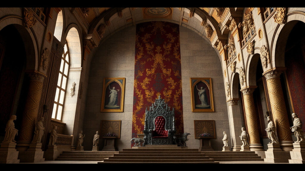 The Queen's Throne Room - Massive stone chamber with soaring vaulted ceilings, where intricate tapestries and gold-leafed columns create a landscape of deliberate intimidation. A raised dais supports an ornate throne of dark wood and hammered silver, surrounded by carefully positioned marble statues that seem to watch with eternal vigilance.
