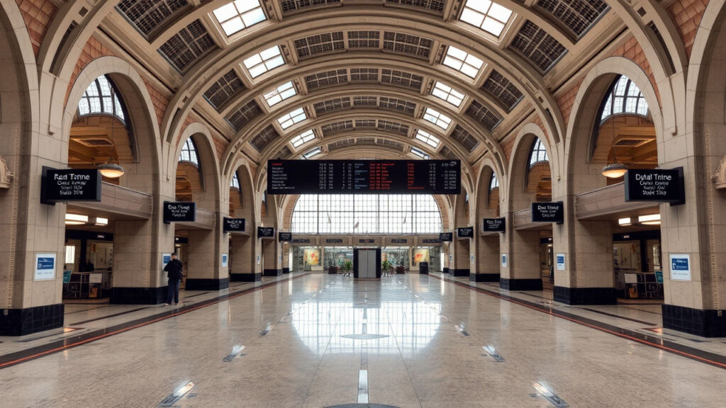 Train Station - Vast spaces of polished floors and arched ceilings, where digital boards flicker with arrival and departure times. The interior breathes with a constant sense of potential movement and interrupted journeys.