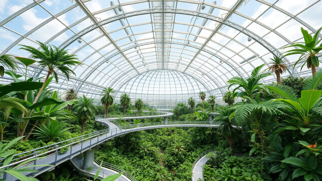 Research Greenhouse Lab - Massive glass domes create a controlled ecosystem of impossible plants, with humidity-controlled chambers hosting exotic species from around the world. Metallic walkways wind between towering botanical specimens, while automated irrigation systems create a mechanical heartbeat beneath the lush green landscape.