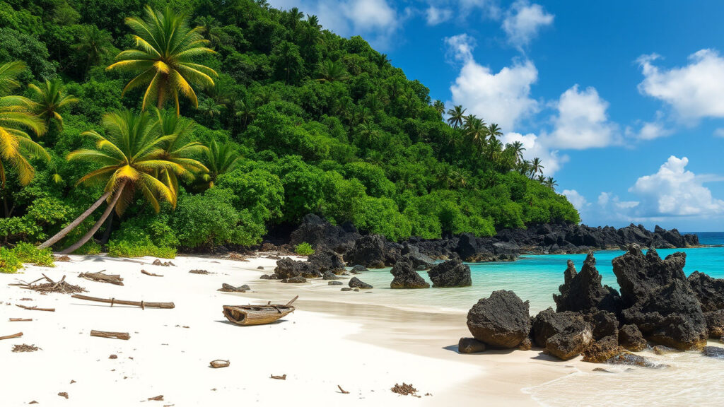 Tropical Island - Blindingly white sand meets crystal-clear turquoise waters, with fractured palm trees and jagged volcanic rocks creating a landscape of potential survival and isolation. Debris from a shipwreck or crashed vessel scatters across the shoreline, while dense jungle vegetation creates an impenetrable green wall behind the beach.