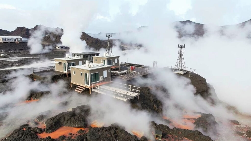 Volcanic Research Station - A collection of modular buildings perched on the active volcanic landscape, surrounded by steaming fumaroles and complex scientific monitoring equipment. Sulfuric steam creates ghostly veils around technological outposts, where human curiosity meets geological power.