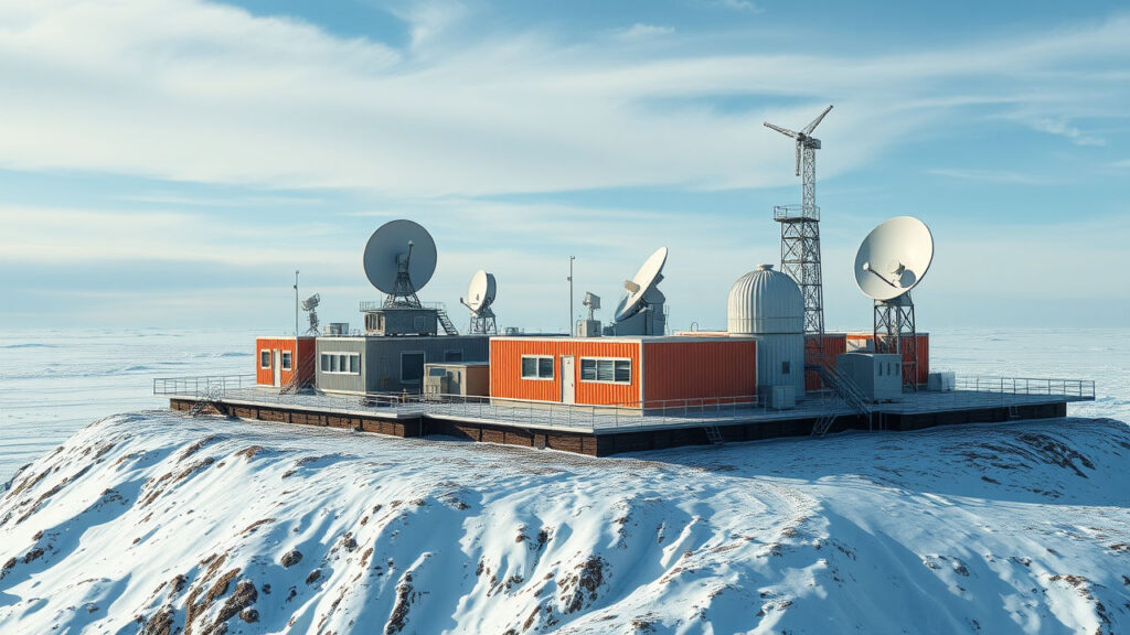 Remote Weather Station - A collection of modular buildings perched on the edge of an arctic landscape, surrounded by scientific equipment that measures wind, temperature, and atmospheric conditions. Massive satellite dishes and weather monitoring systems create a technological outpost at the edge of human endurance.