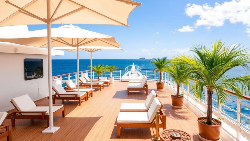 Yacht - Upper deck gleaming white decks stretch beneath oversized canvas umbrellas, with polished teak wood and brass railings reflecting the brilliant tropical sunlight. Pristine lounge chairs and carefully arranged potted palms create a landscape of curated leisure, while the endless blue horizon promises adventure and escape.