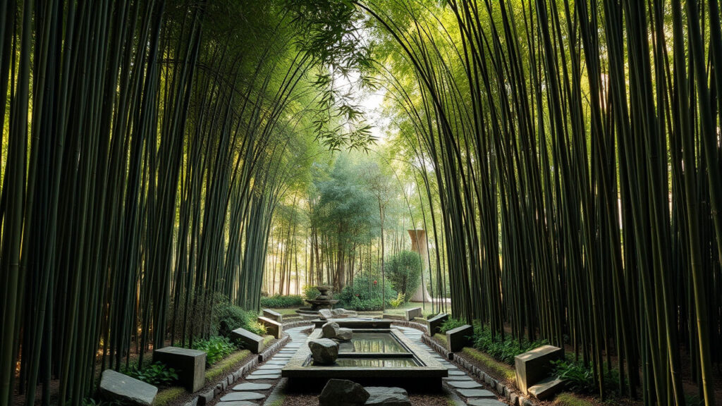 Zen Garden - A carefully cultivated landscape where massive bamboo groves create living architectural corridors, with precisely placed stone pathways and water features. Soft light filters through dense green stalks, creating a space of profound geometric tranquility.